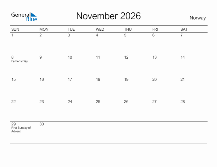 Printable November 2026 Calendar for Norway
