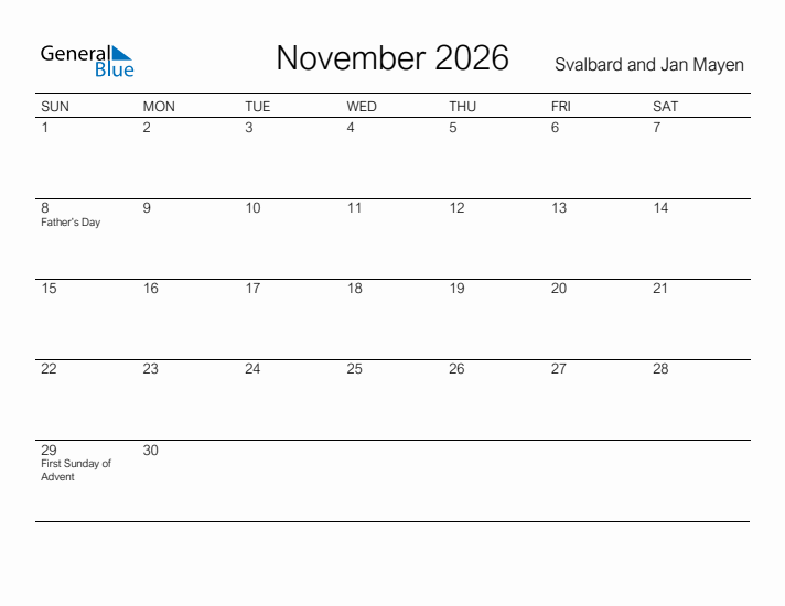 Printable November 2026 Calendar for Svalbard and Jan Mayen