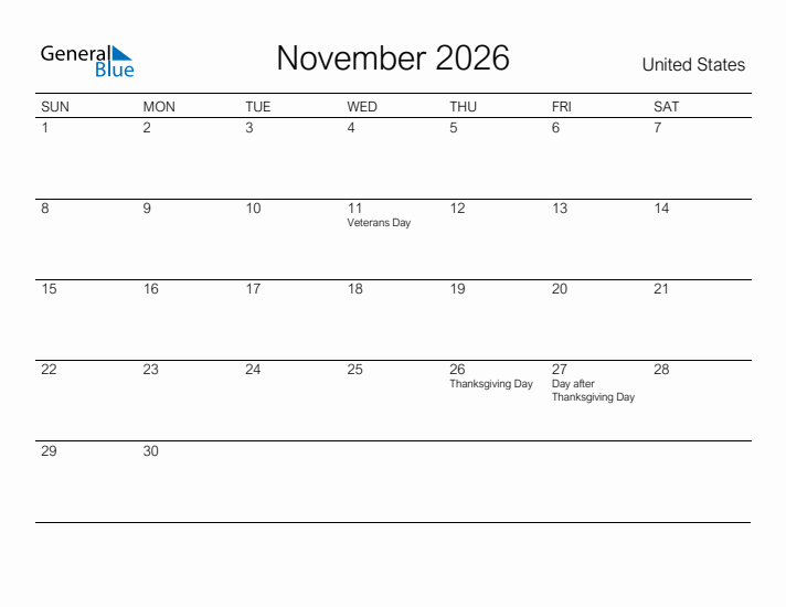 Printable November 2026 Calendar for United States