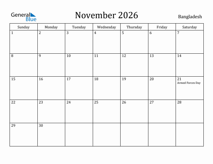 November 2026 Calendar Bangladesh
