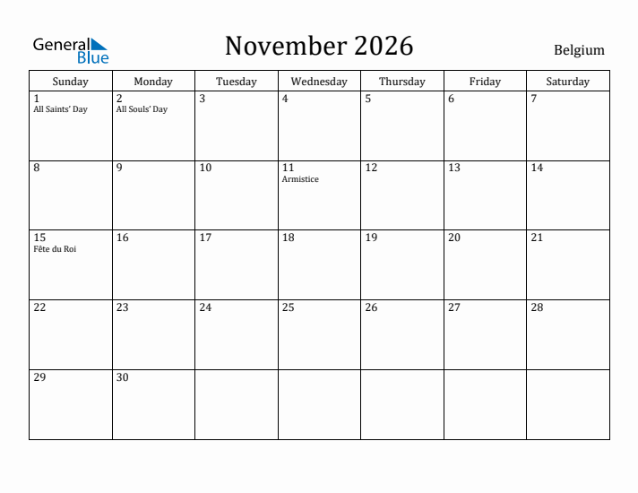 November 2026 Calendar Belgium