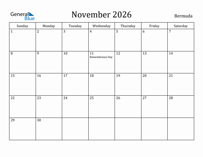 November 2026 Calendar Bermuda
