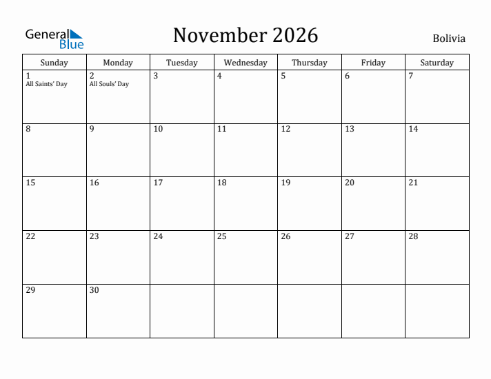 November 2026 Calendar Bolivia