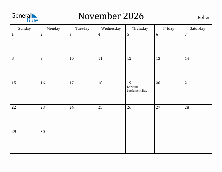November 2026 Calendar Belize