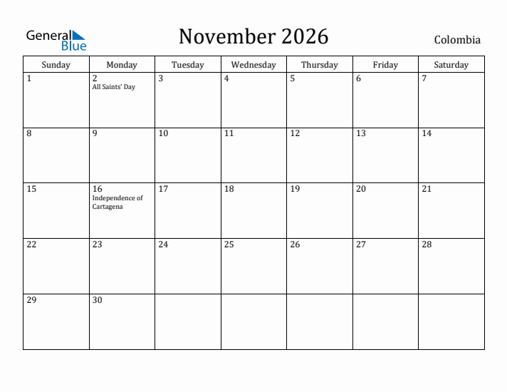 November 2026 Calendar Colombia