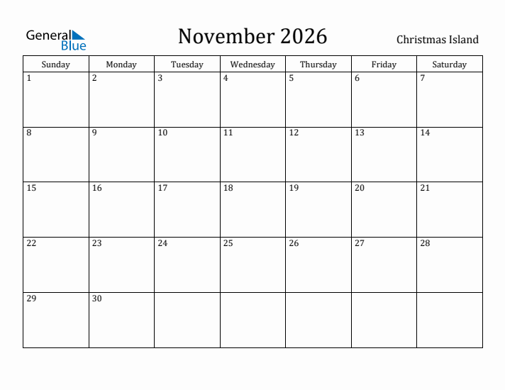 November 2026 Calendar Christmas Island