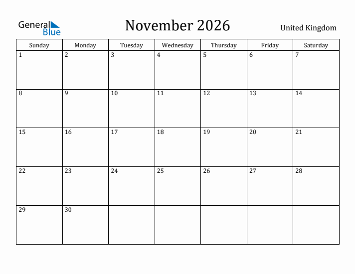 November 2026 Calendar United Kingdom