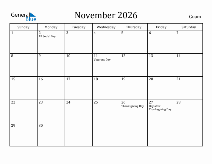 November 2026 Calendar Guam