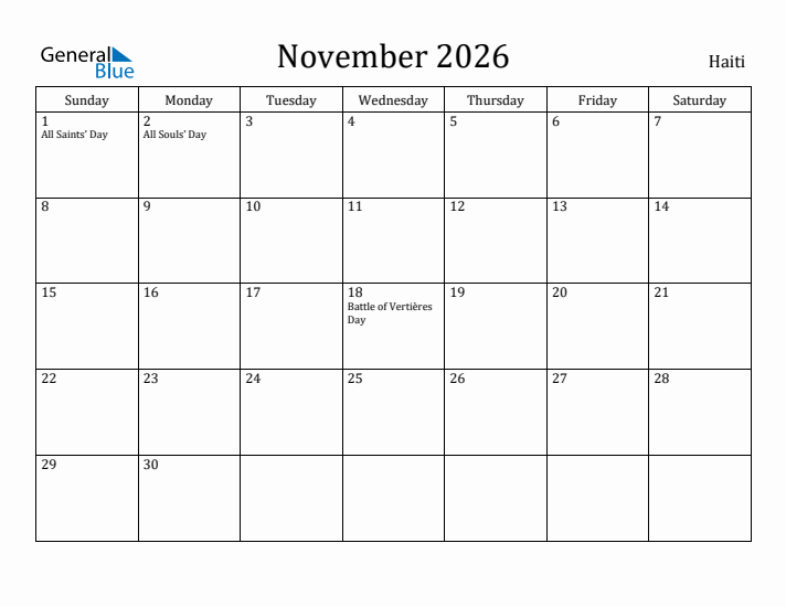 November 2026 Calendar Haiti