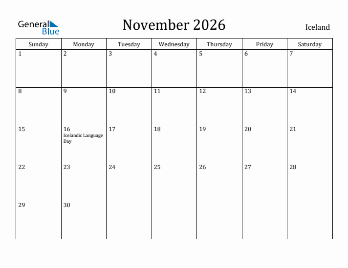 November 2026 Calendar Iceland