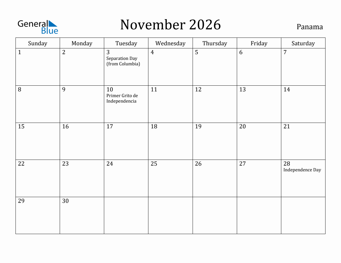 November 2026 Monthly Calendar with Panama Holidays