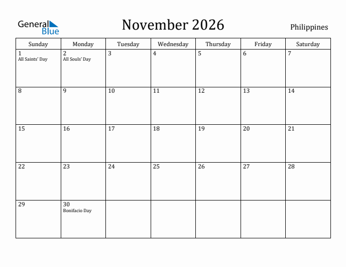 November 2026 Calendar Philippines
