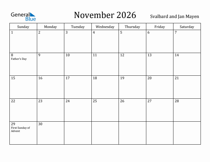 November 2026 Calendar Svalbard and Jan Mayen