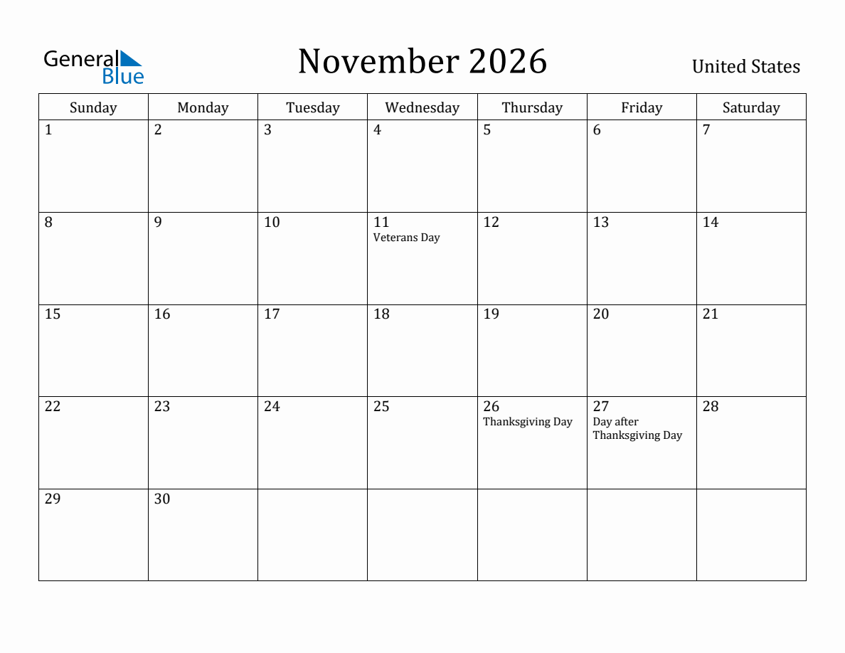 November 2026 Monthly Calendar with United States Holidays