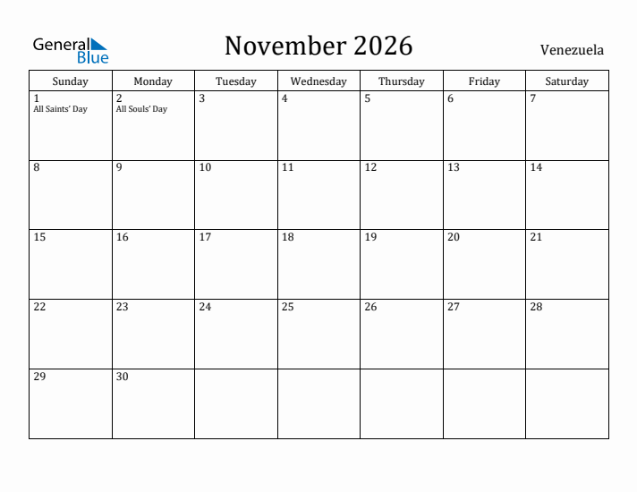 November 2026 Calendar Venezuela