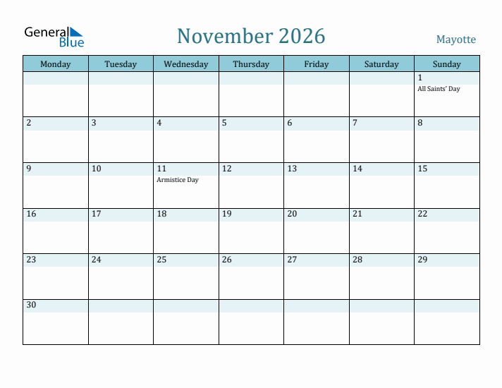 November 2026 Calendar with Holidays