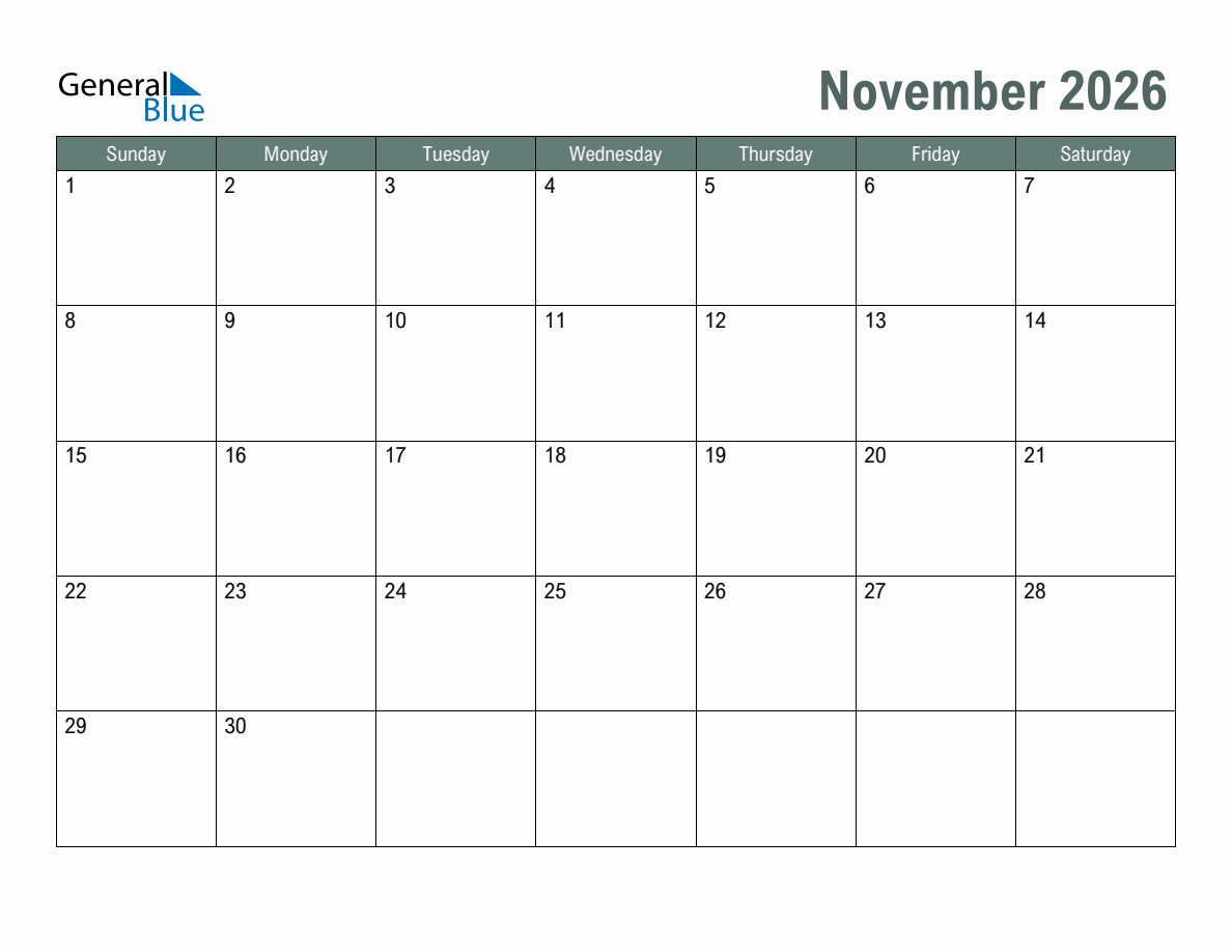 Blank November 2026 Monthly Calendar Template