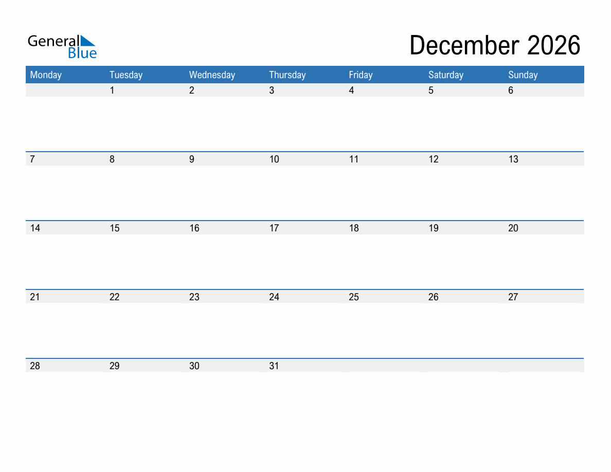 Editable Calendar Template for December 2026