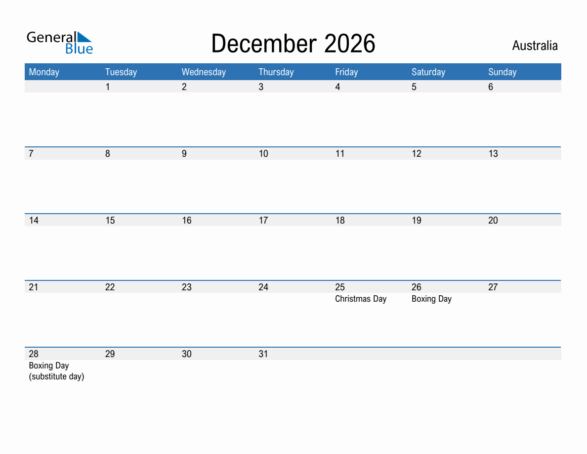 Editable December 2026 Calendar with Australia Holidays