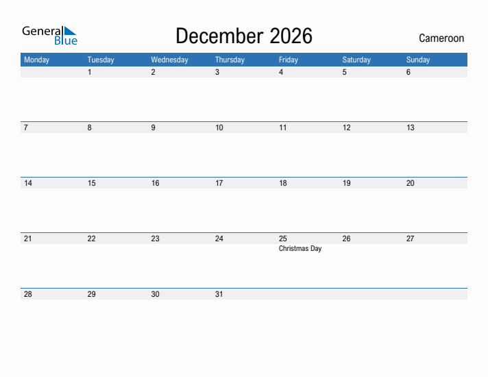 Fillable December 2026 Calendar
