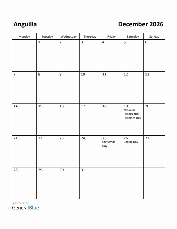 December 2026 Calendar with Anguilla Holidays