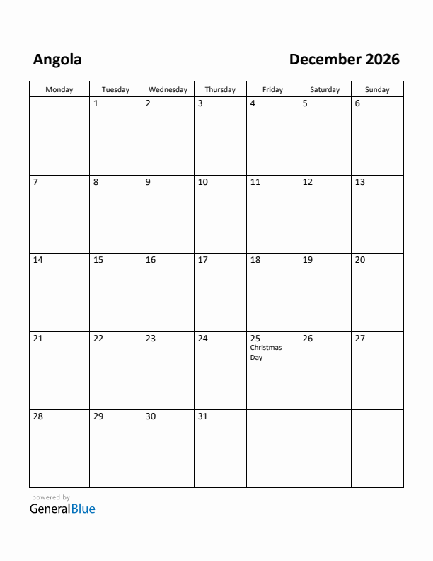 December 2026 Calendar with Angola Holidays