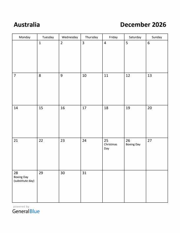 December 2026 Calendar with Australia Holidays