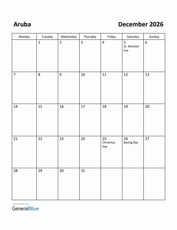 December 2026 Calendar with Aruba Holidays