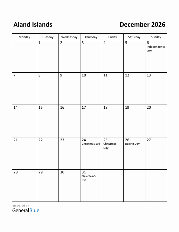 December 2026 Calendar with Aland Islands Holidays