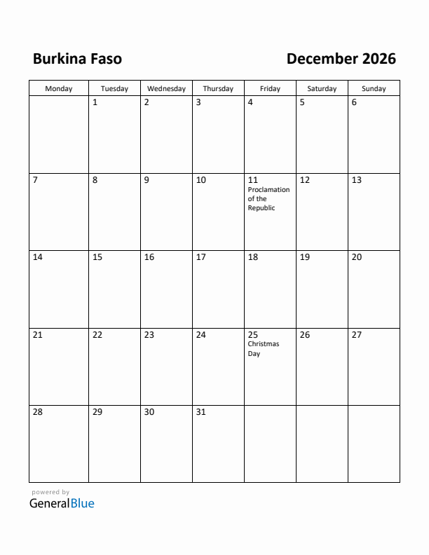 December 2026 Calendar with Burkina Faso Holidays