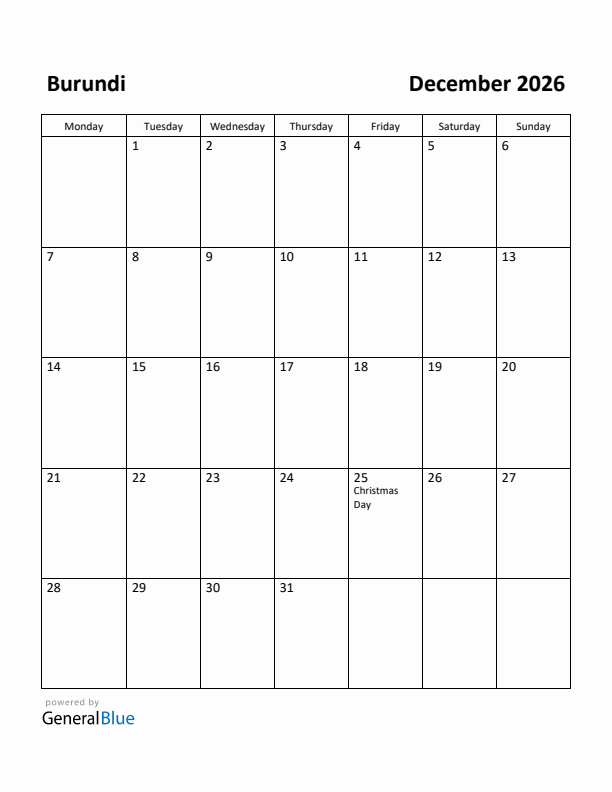 December 2026 Calendar with Burundi Holidays