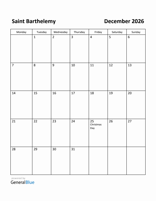 December 2026 Calendar with Saint Barthelemy Holidays