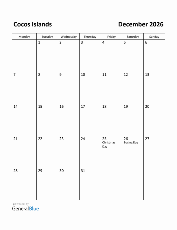 December 2026 Calendar with Cocos Islands Holidays