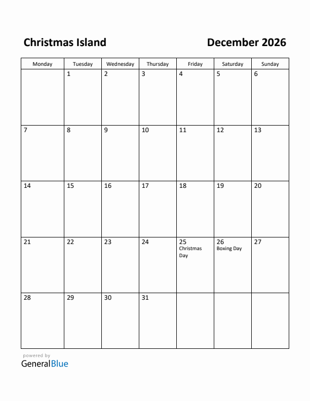 December 2026 Calendar with Christmas Island Holidays