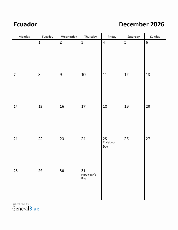 December 2026 Calendar with Ecuador Holidays