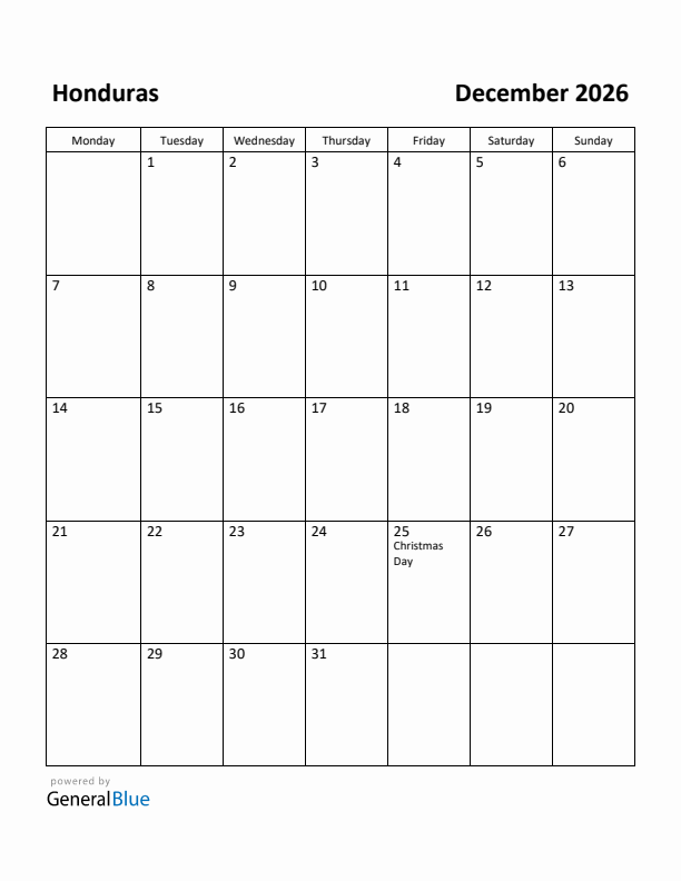 December 2026 Calendar with Honduras Holidays