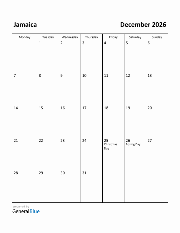 December 2026 Calendar with Jamaica Holidays