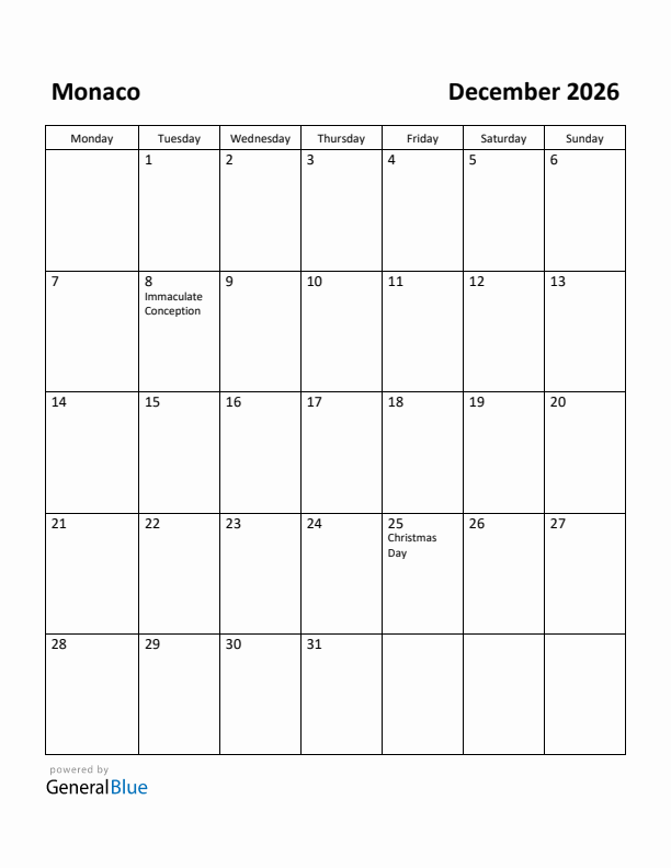 December 2026 Calendar with Monaco Holidays