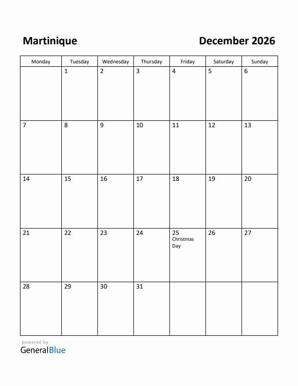 December 2026 Calendar with Martinique Holidays