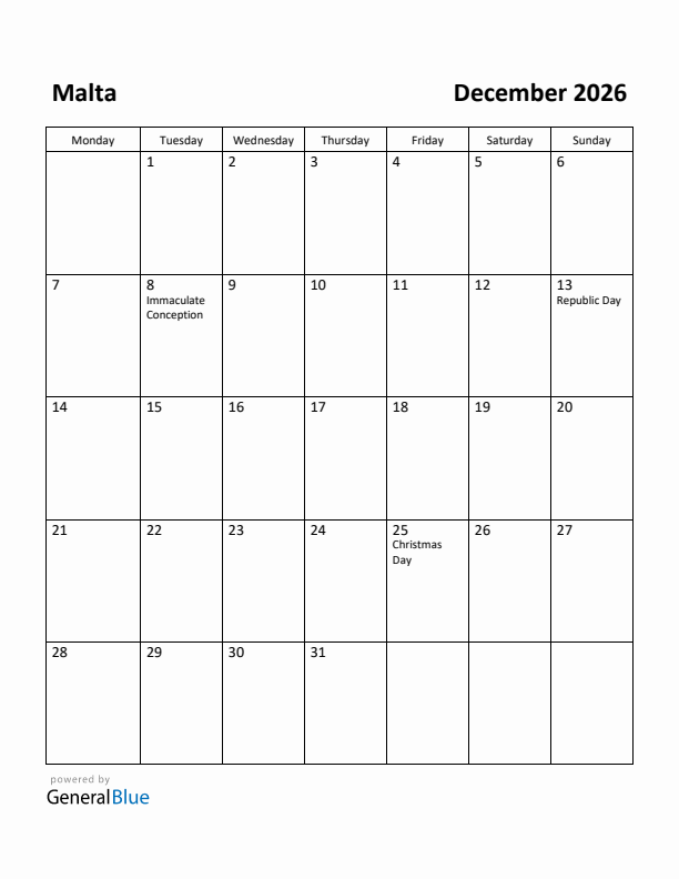 December 2026 Calendar with Malta Holidays