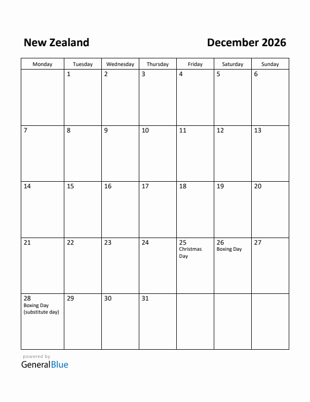 December 2026 Calendar with New Zealand Holidays