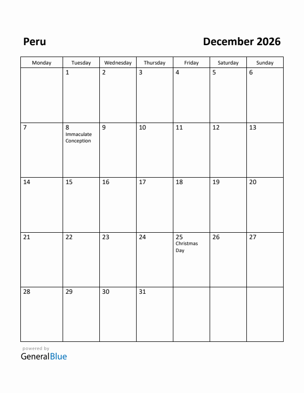 December 2026 Calendar with Peru Holidays