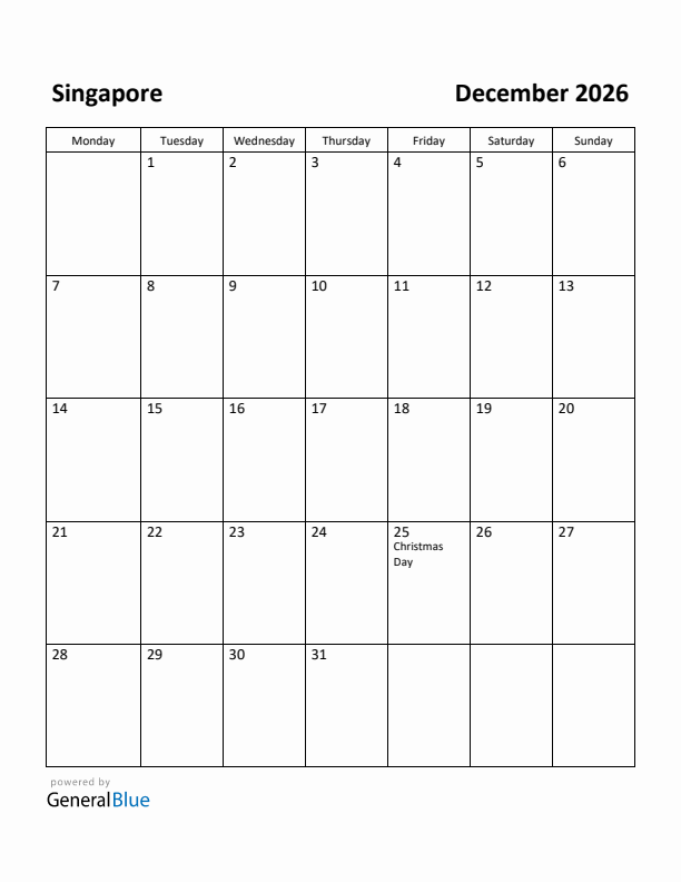 December 2026 Calendar with Singapore Holidays