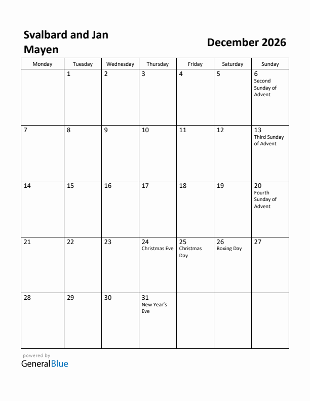 December 2026 Calendar with Svalbard and Jan Mayen Holidays