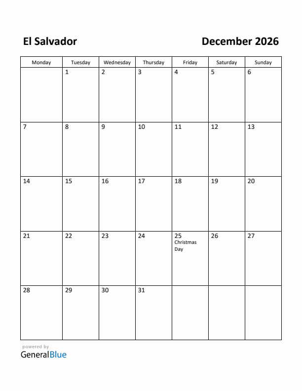 December 2026 Calendar with El Salvador Holidays