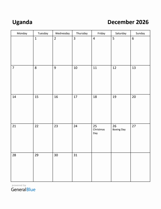 December 2026 Calendar with Uganda Holidays