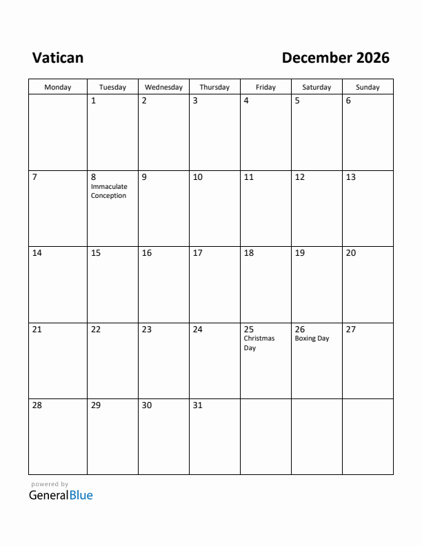 December 2026 Calendar with Vatican Holidays