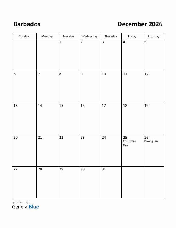 December 2026 Calendar with Barbados Holidays