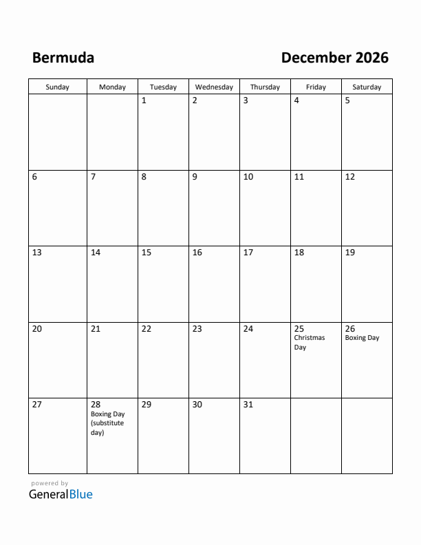December 2026 Calendar with Bermuda Holidays