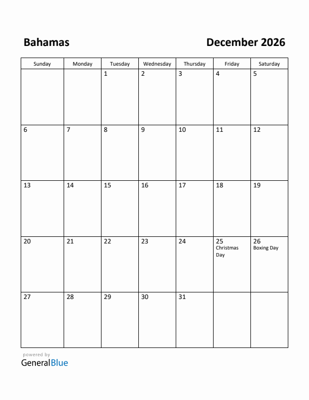 December 2026 Calendar with Bahamas Holidays